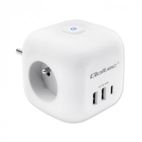 Qoltec Power cube 6-in-1 extension cord with illuminated switch | 3x AC | 2x USB | 1x USB-C PD 20W | White