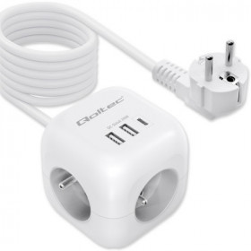 Qoltec Power cube 6-in-1 extension cord with illuminated switch | 3x AC | 2x USB | 1x USB-C PD 20W | White | Cable 2m