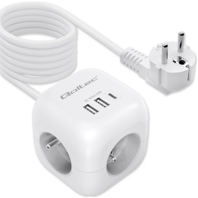 Qoltec Power cube 6-in-1 extension cord with illuminated switch | 3x AC | 2x USB | 1x USB-C PD 20W | White | Cable 2m
