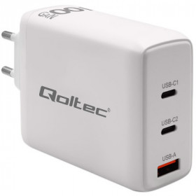 Qoltec GaN 100W charger| 5-20V | 1.5-5A | 2 x USB-C PD | 1x USB QC 3.0 | White