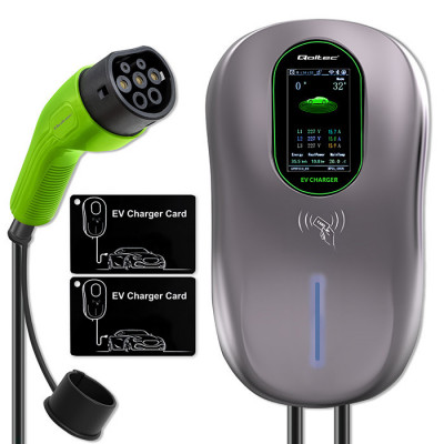 Qoltec EV Charging Station 2-in-1 Type2 | 22kW | LCD | 2 EV cards | 3 phases | Wallbox | 5m