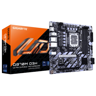 GIGABYTE Q870M D3H Scheda Madre - CPU Intel Core Ultra (Serie 2), VRM a 4+1+2 fasi, fino a 9066MHz DDR5 (O.C), 2xPCIe 4.0 M.2,