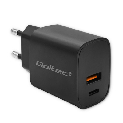 Qoltec GaN POWER PRO charger | 1xUSB-C | 1xUSB | 30W | 5-20V | 1.5-3A | Black